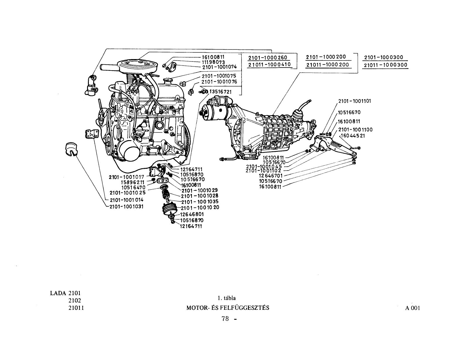 VAZ-2101 Motor és felfüggesztés robbantott ábrája (67. oldal), 36 számozott alkatrész-jelöléssel