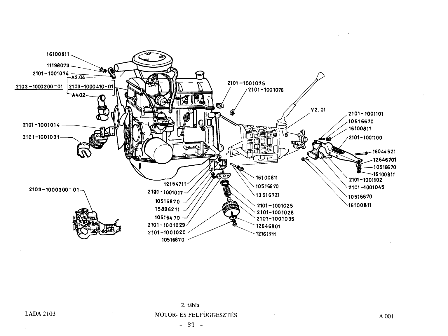 VAZ-2101 Motor és felfüggesztés robbantott ábrája (70. oldal), 37 számozott alkatrész-jelöléssel