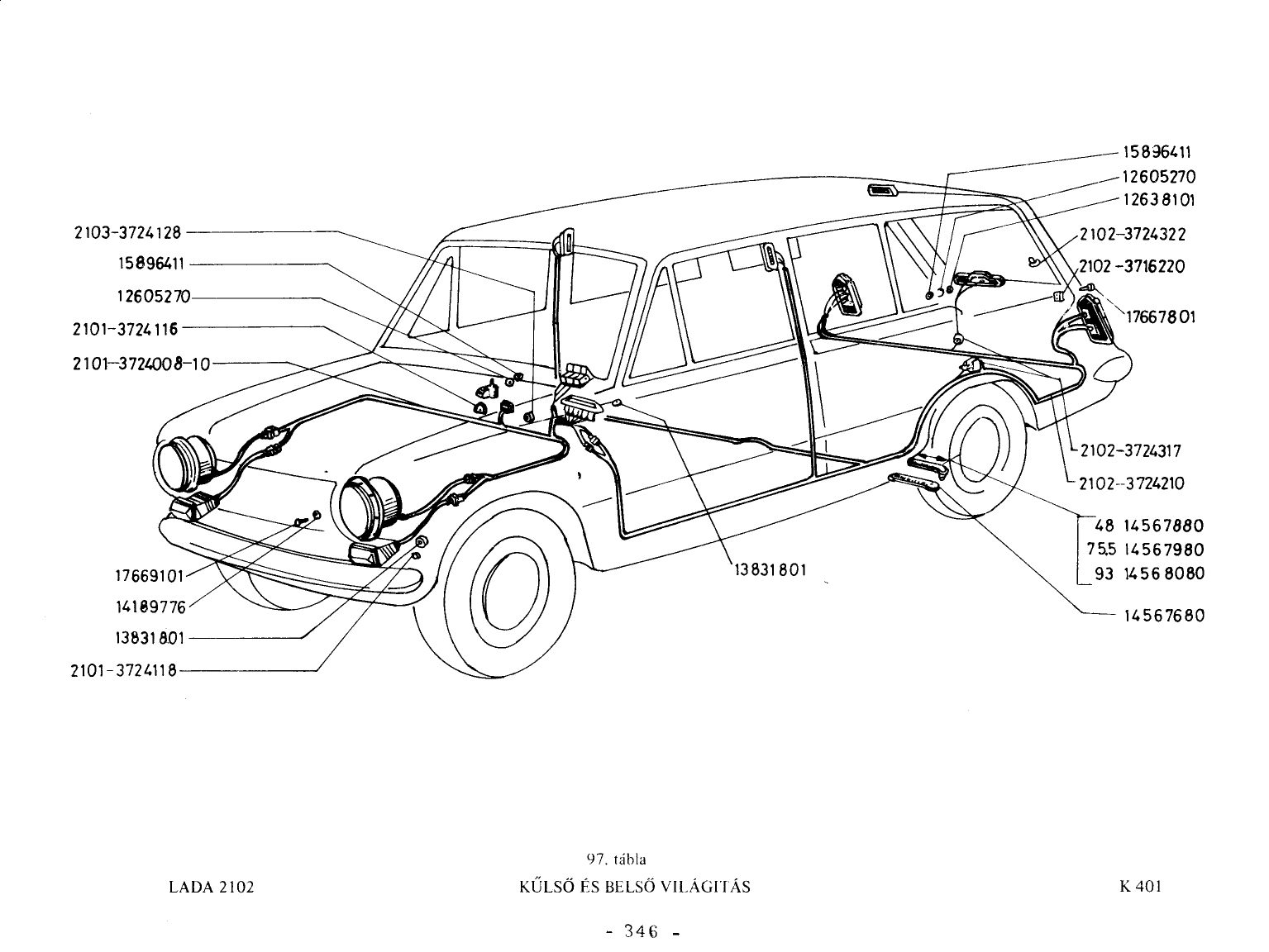 VAZ-2101 Külső és belső világítás robbantott ábrája (337. oldal), 22 számozott alkatrész-jelöléssel