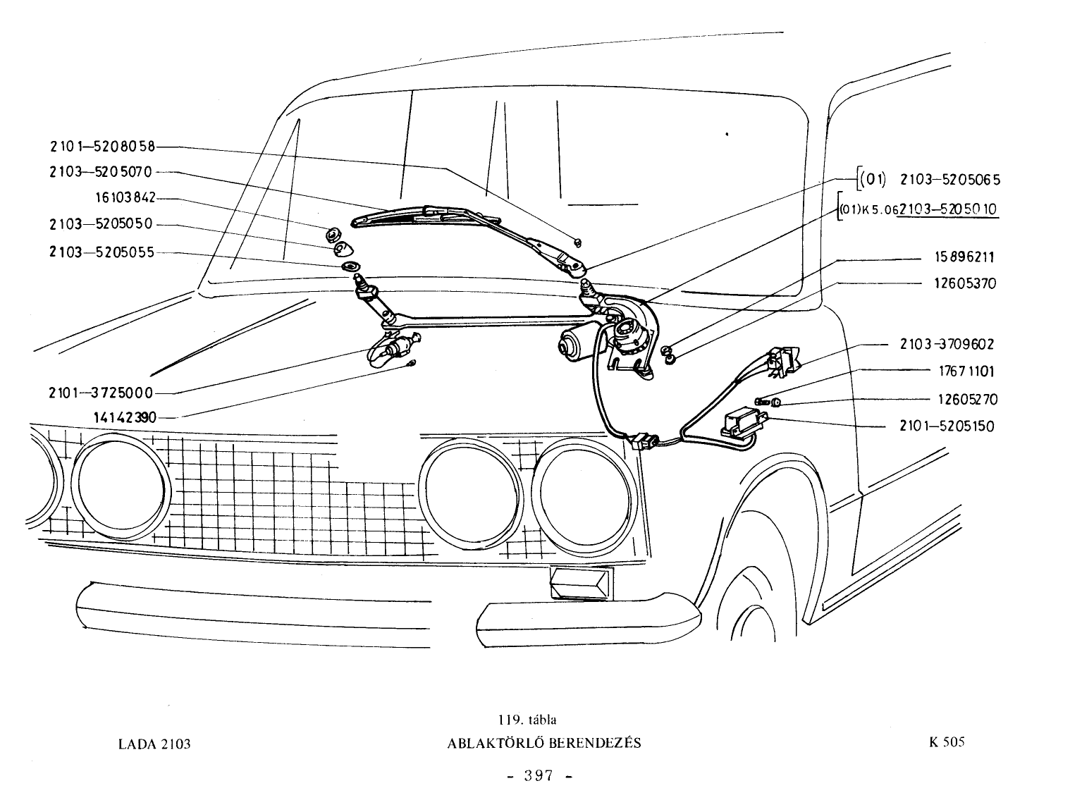 VAZ-2101 Ablaktörlő berendezés robbantott ábrája (388. oldal), 15 számozott alkatrész-jelöléssel